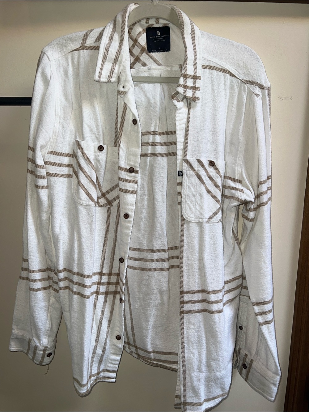 Men's Junk Food White Button-Up Flannel Shirt with Beige Plaid